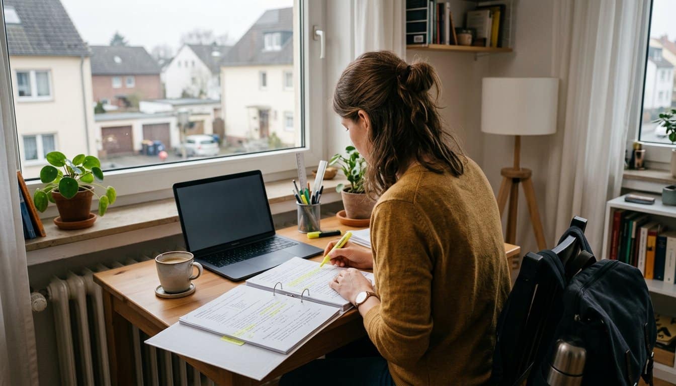 Berufstätiger lernt frühmorgens am Schreibtisch vor der Arbeit