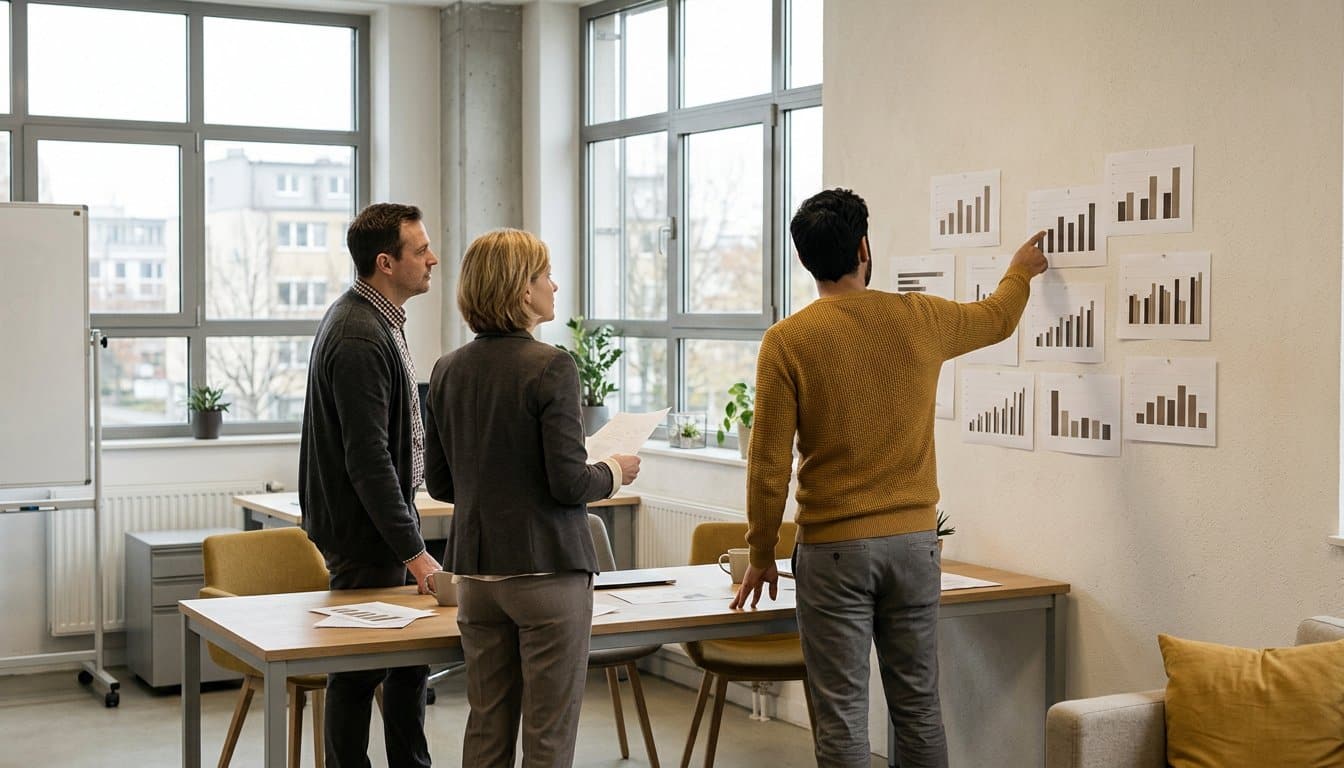 Marktforschungsteam bespricht ausgedruckte Balkendiagramme an einer Wand