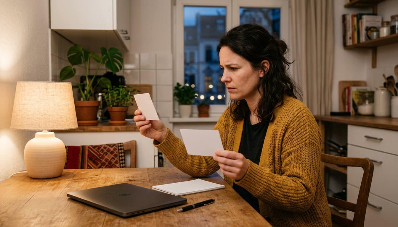 Berufstätige Frau wägt am Küchentisch zwei Karteikarten gegeneinander ab